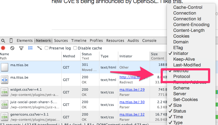 Chrome DevTools Network yorlig'i Protocol ustuni bilan &mdash; har bir sahifa resursi uchun h2 yoki h3 ko'rsatadi